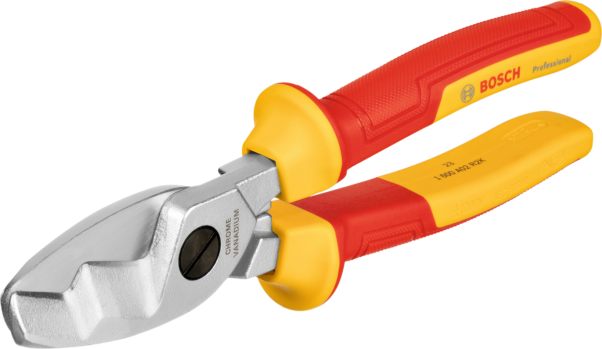 Bosch škarje za kable VDE z izoliranimi rdeče-rumenimi ročaji.